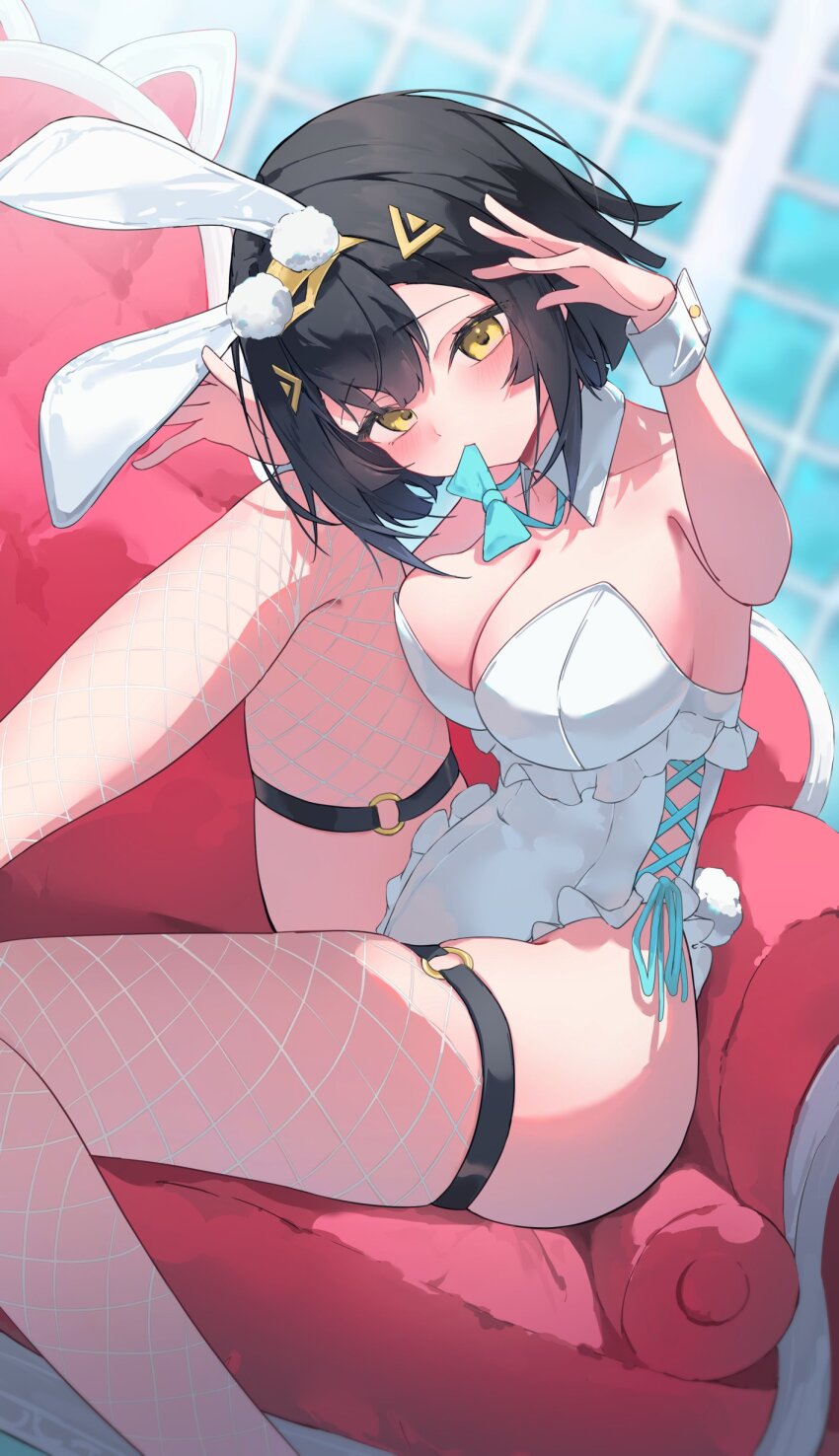 1girl, absurdres, alternate_costume, amber_(stella_sora), animal_ears, aqua_bow, aqua_bowtie, bare_shoulders