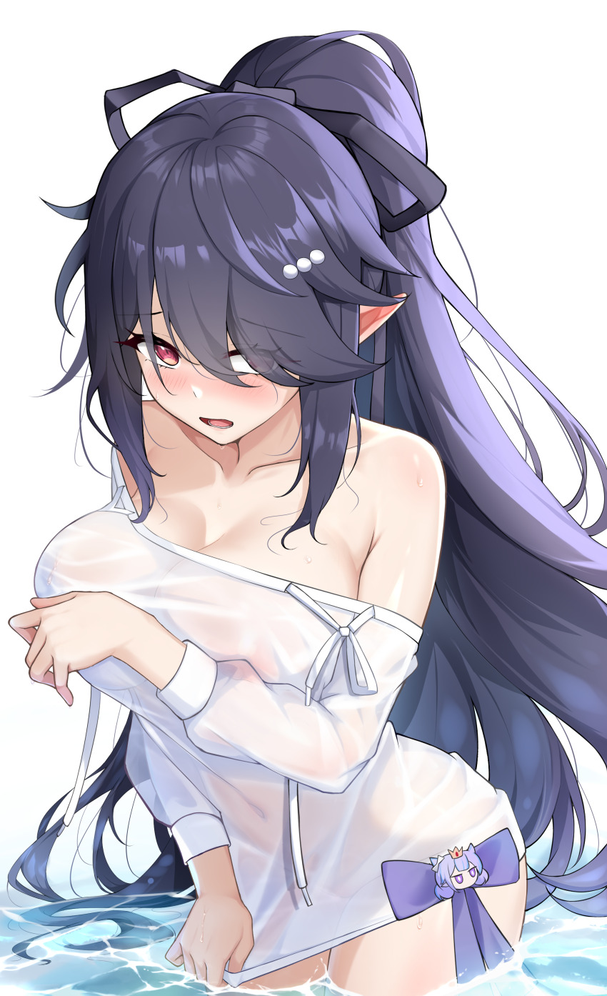 1girl, absurdres, arm_under_breasts, armpit_crease, bare_shoulders, bikini, black_hair, blush