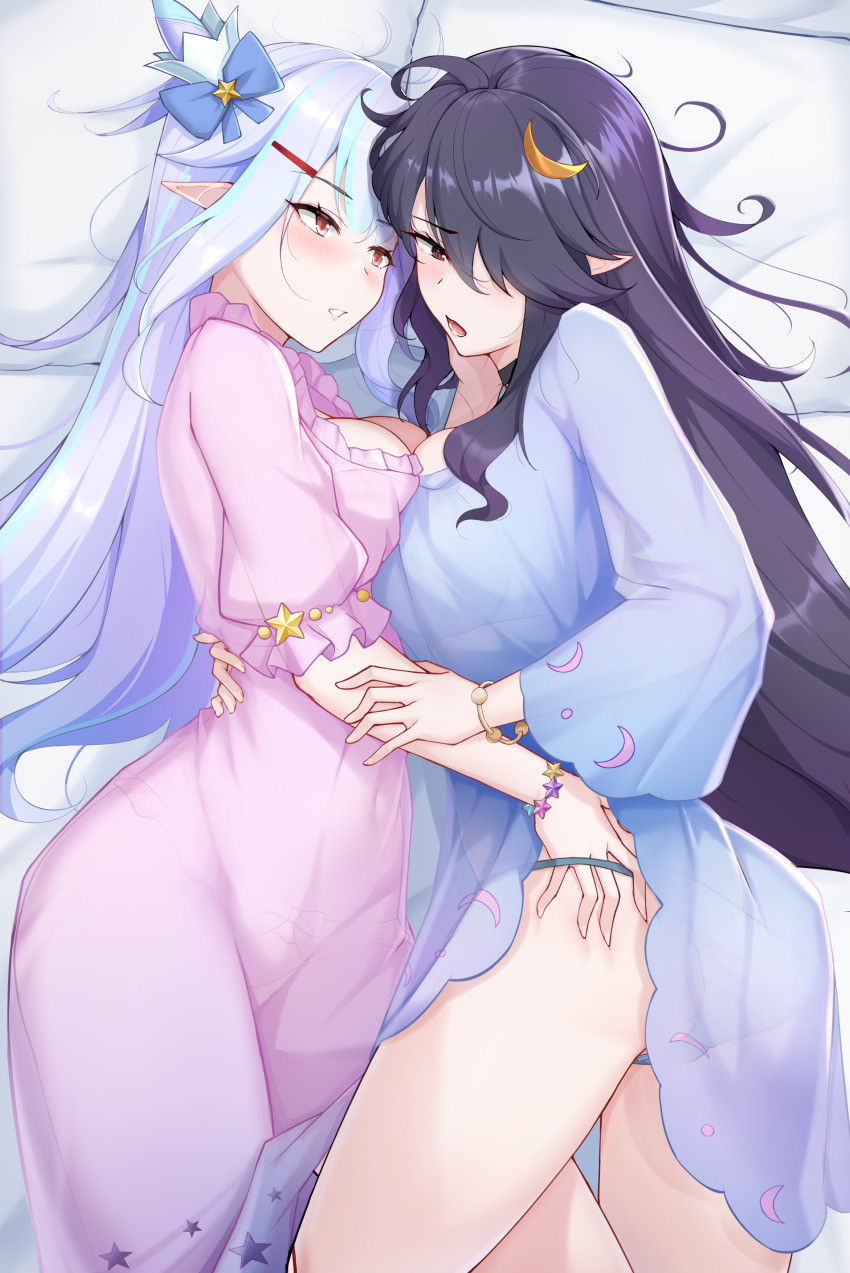 2girls, absurdres, ahoge, alternate_costume, blue_hair, blunt_bangs, blush, bracelet