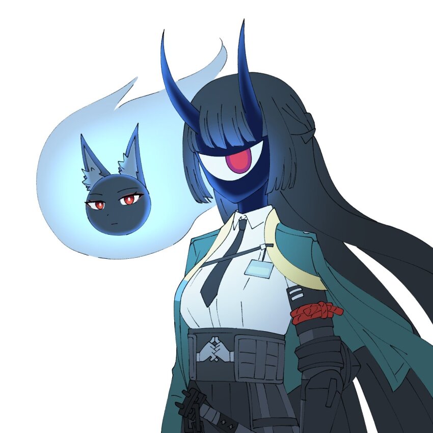 1girl, animal_ear_fluff, animal_ears, black_hair, black_necktie, black_skin, blue_fire, blunt_bangs