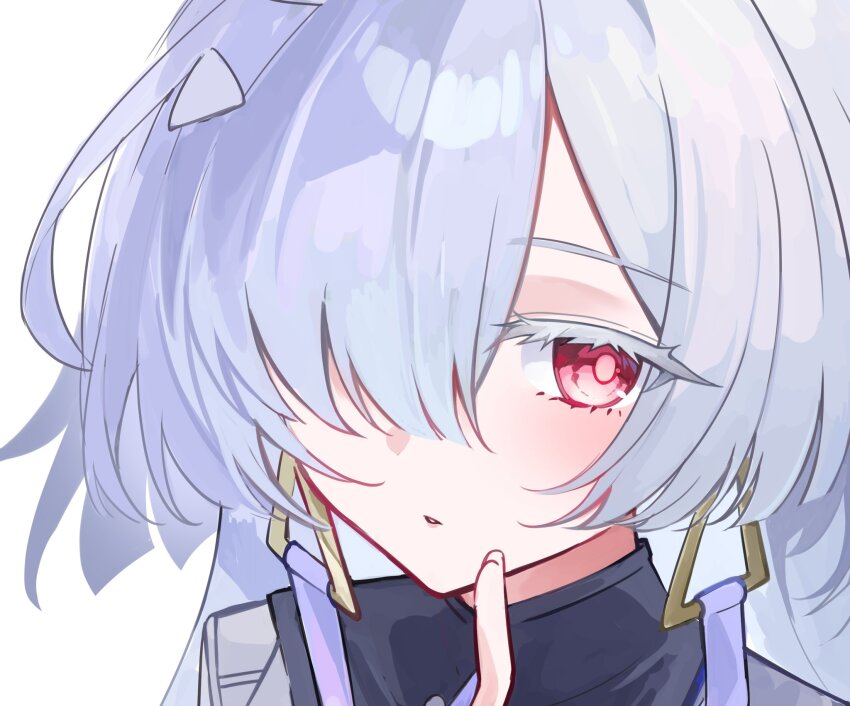 1girl, blush, colored_eyelashes, commentary_request, earrings, hair_ornament, hair_over_one_eye, highres