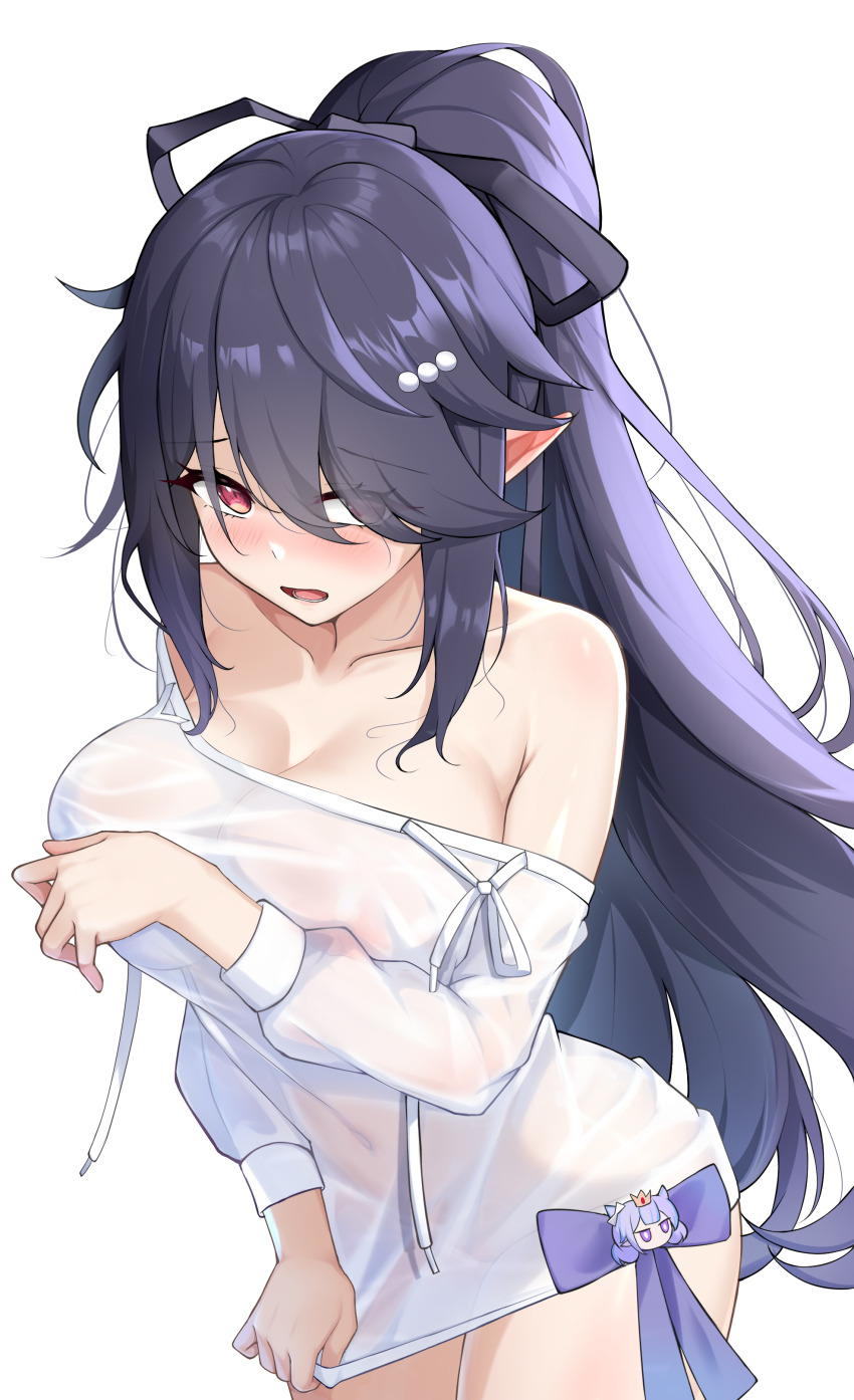 1girl, absurdres, arm_under_breasts, armpit_crease, bare_shoulders, bikini, black_hair, blush