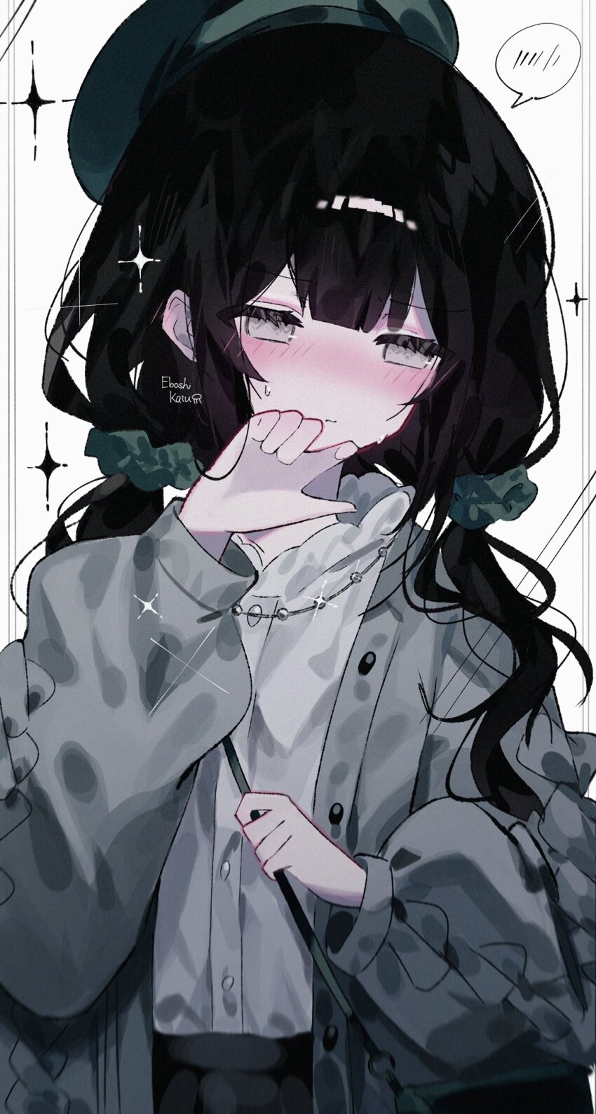 1girl, averting_eyes, beret, black_hair, blunt_bangs, blush, book_off, cardigan, closed_mouth, commentary_request, embarrassed, green_cardigan, green_hat, grey_eyes, grey_shirt, hair_ornament, hair_scrunchie, hands_up, hat, highres, kurobe_nanoka, long_hair, long_sleeves, low_twintails, mahou_shoujo_no_majo_saiban, nose_blush, official_alternate_costume, official_alternate_hairstyle, open_cardigan, open_clothes, scrunchie, shirt, simple_ice, solo, spoken_blush, twintails, white_background