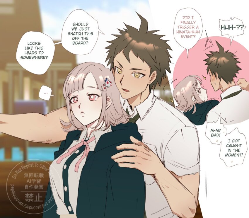 1boy, 1girl, ahoge, blush, breasts, brown_hair, commentary, danganronpa_(series), danganronpa_2:_goodbye_despair, dress_shirt, english_commentary, english_text, frown, grey_shirt, hair_ornament, hinata_hajime, hood, hood_down, hooded_jacket, jacket, large_breasts, medium_hair, nanami_chiaki, outdoors, pink_eyes, shirt, short_sleeves, speech_bubble, spiked_hair, sweatdrop, two-tone_shirt, watermark, xx_doomzday_xx