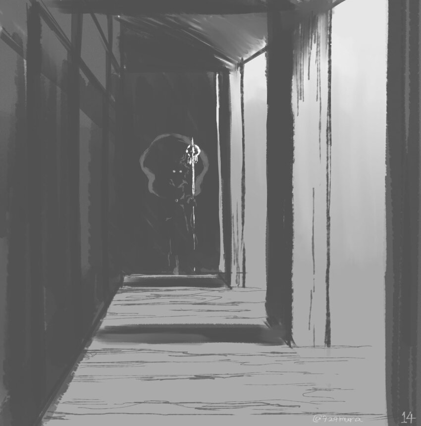 1girl, 929mura, bishamonten's_spear, eyes_in_shadow, face_in_shadow, facing_viewer, full_body, greyscale