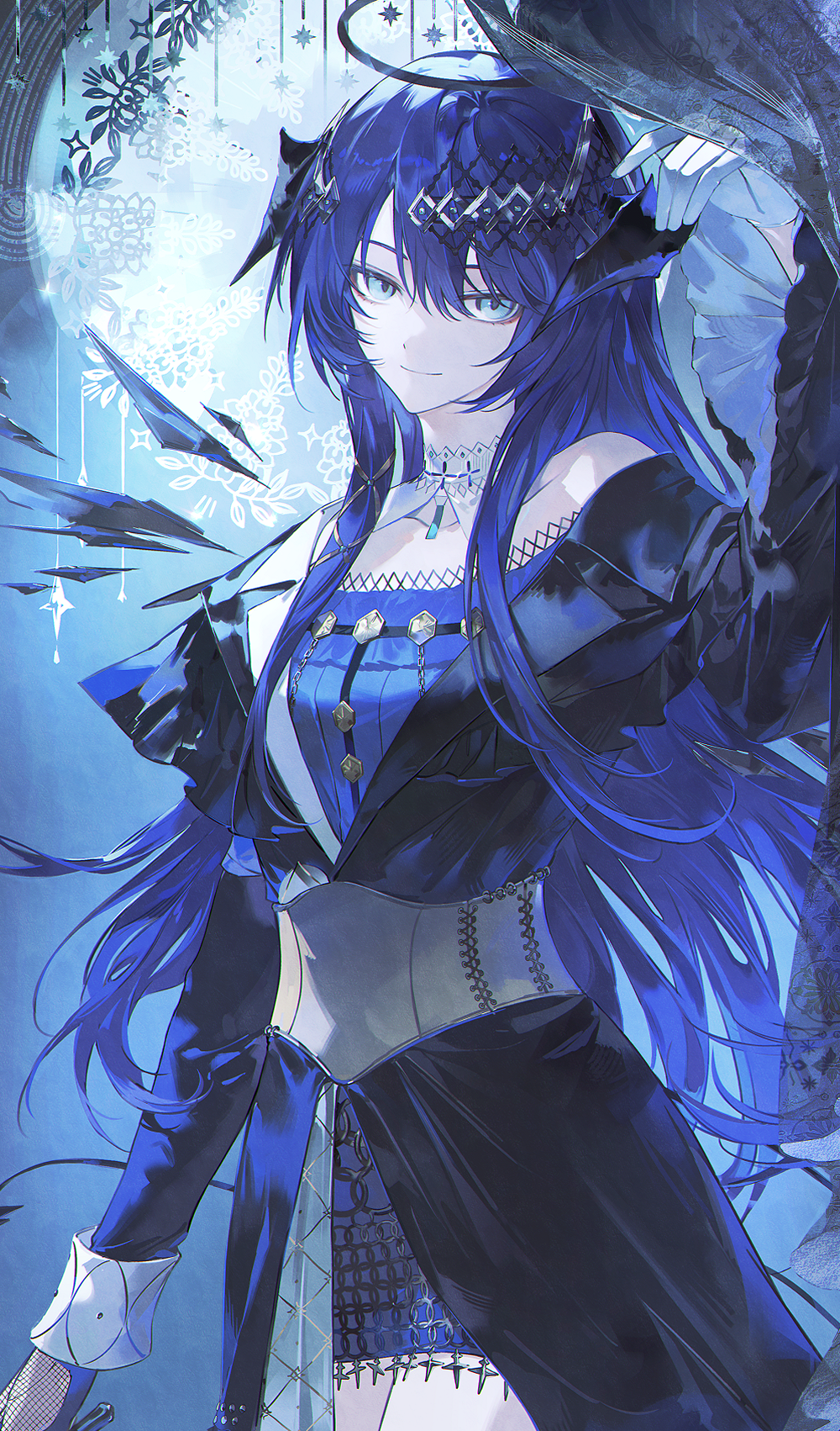 1girl, arknights, arm_at_side, arm_up, asymmetrical_gloves, black_dress, black_halo, black_horns