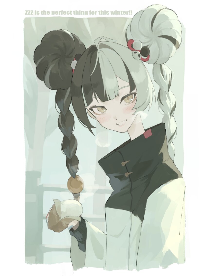 1girl, absurdres, ahoge, alternate_costume, black_hair, black_jacket, blue_nails, blush, border, breath, commentary_request, cropped_torso, dialyn_(zenless_zone_zero), double_bun, english_text, food, from_side, grin, hair_bun, hair_extensions, hair_intakes, high_collar, highres, holding, holding_food, jacket, long_hair, looking_at_viewer, multicolored_hair, multicolored_jacket, multicolored_nails, red_nails, ring_hair_extensions, smile, solo, split-color_hair, upper_body, white_border, white_hair, white_jacket, window, yellow_eyes, zen_yasai, zenless_zone_zero