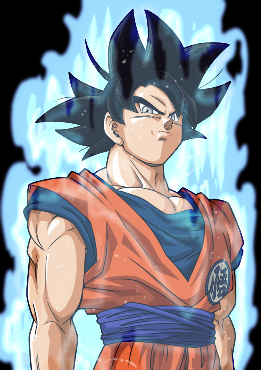 1boy, absurdres, aura, black_background, black_hair, blue_sash, blue_shirt, dougi