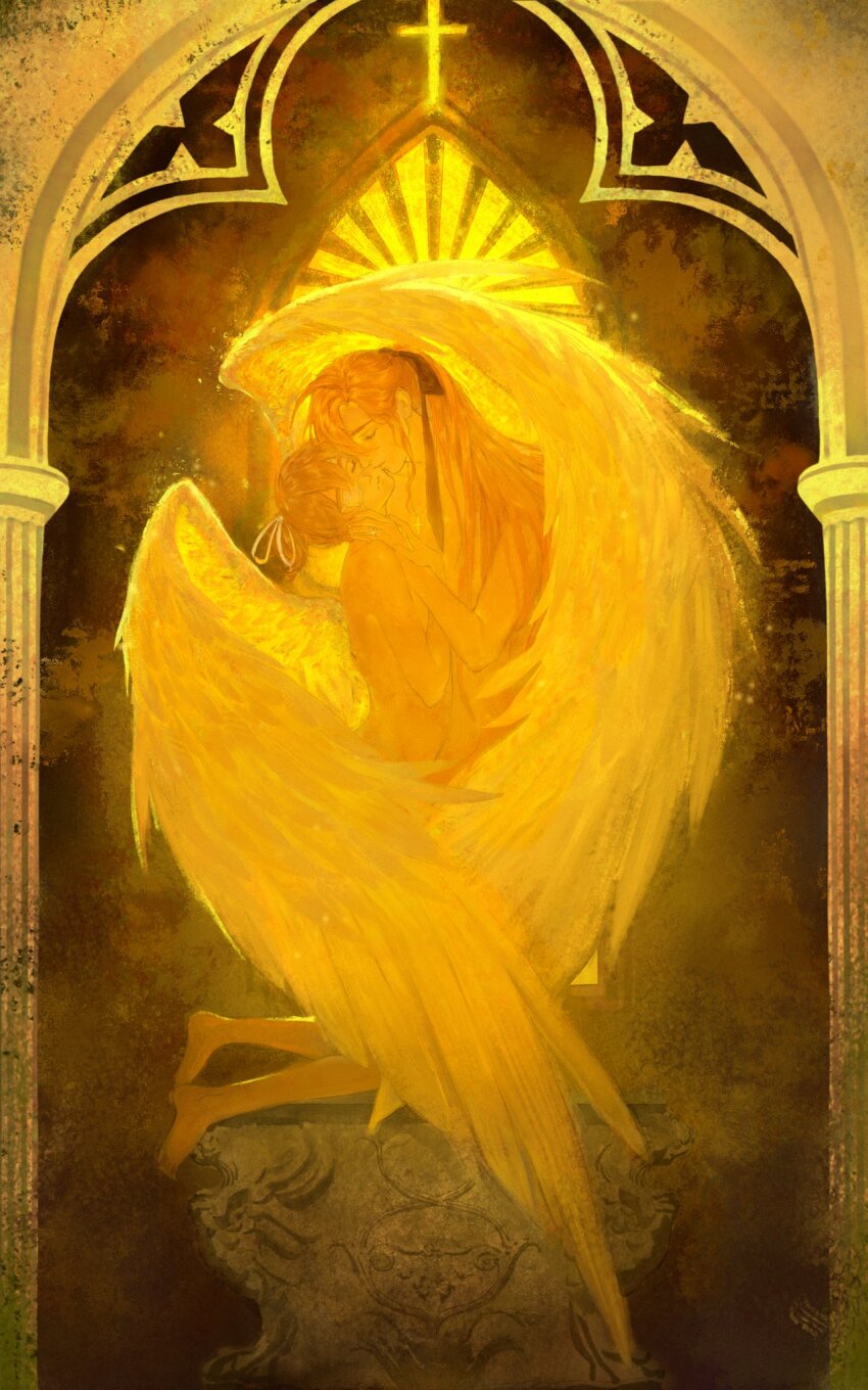 1boy, 1girl, arch, arched_window, black_ribbon, blonde_hair, border, brown_hair, closed_eyes, closed_mouth, commentary, completely_nude, conner_1017, couple, cross, cross_necklace, degrees_of_lewdity, english_commentary, expressionless, feathered_wings, fine_art_parody, full_body, hair_between_eyes, hair_over_one_eye, hair_ribbon, hand_on_another's_cheek, hand_on_another's_face, head_back, head_tilt, hetero, highres, jewelry, kiss, kissing_cheek, kneeling, latin_cross, long_hair, necklace, nude, ornate_border, painterly, parody, pedestal, player_character_(degrees_of_lewdity), player_character_(female)_(degrees_of_lewdity), ponytail, ribbon, ring, short_ponytail, sidelocks, standing, sydney_(degrees_of_lewdity), sydney_(male)_(degrees_of_lewdity), the_kiss, turning_head, white_ribbon, white_wings, window, wing_hug, wings