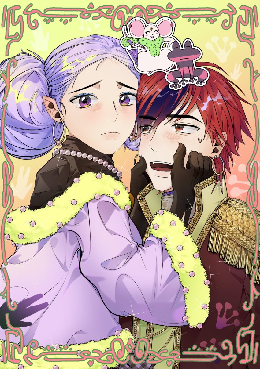 1boy, 1girl, black_gloves, blanca_(sugar_sugar_rune), blue_eyeshadow, blush, cheek_pinching, commentary, double_bun, earrings, epaulettes, eyeshadow, frog, fur-trimmed_jacket, fur_trim, gloves, hair_bun, highres, jacket, jewelry, korean_commentary, looking_at_another, looking_at_viewer, magicalotaku312, makeup, mouse_(animal), pinching, pointy_ears, poivre_meilleur, purple_eyes, purple_jacket, red_hair, scarf, sugar_sugar_rune, sweatdrop