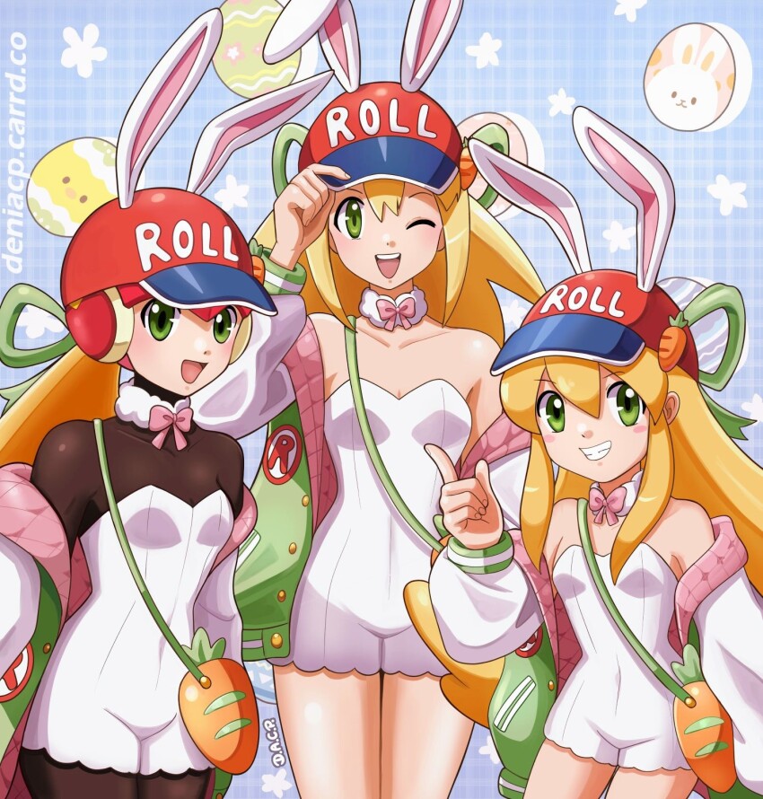 1girl, 3girls, ;d, alternate_costume, android, animal_ears, arm_behind_back, bare_shoulders, baseball_cap, black_bodysuit, blonde_hair, blush, bodysuit, bow, bowtie, breasts, buttons, carrot, carrot_bag, commentary, deniacp, detached_collar, easter_egg, egg, english_commentary, flipped_hair, food, food-themed_bag, green_eyes, green_ribbon, hair_behind_ear, hat, headphones, highleg, highleg_leotard, highres, jacket, kneehighs, leotard, letterman_jacket, long_hair, long_sleeves, looking_at_viewer, loose_socks, mega_man_(classic), mega_man_(series), mega_man_battle_network_(series), mega_man_legends_(series), mega_man_x_(series), mega_man_x_dive, multiple_girls, official_alternate_costume, one_eye_closed, open_clothes, open_jacket, open_mouth, pink_bow, pink_bowtie, ponytail, popsicle, puffy_long_sleeves, puffy_sleeves, quilted_bag, rabbit_ears, red_hat, ribbon, robot_girl, roll.exe_(mega_man), roll_(mega_man), roll_caskett_(mega_man), shoes, sidelocks, small_breasts, smile, socks, standing, standing_on_one_leg, strapless, strapless_leotard, teeth, thigh_gap, thighs, white_jacket, white_leotard, white_shoes, white_socks