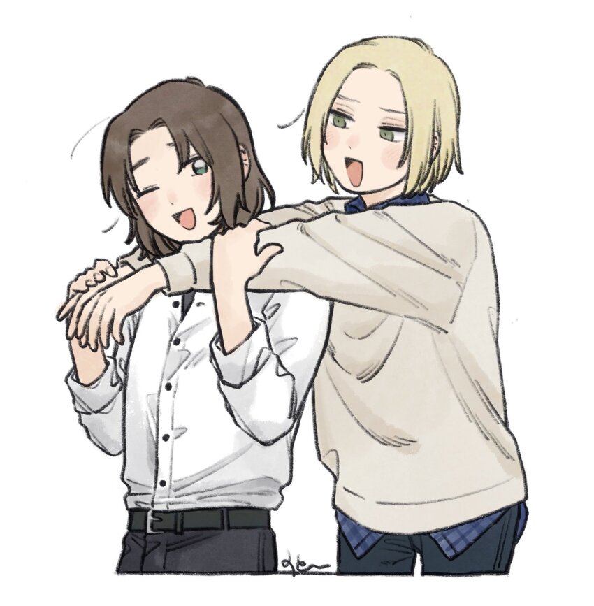 2boys, axis_powers_hetalia, belt, black_belt, black_pants, blonde_hair, blue_shirt, blush