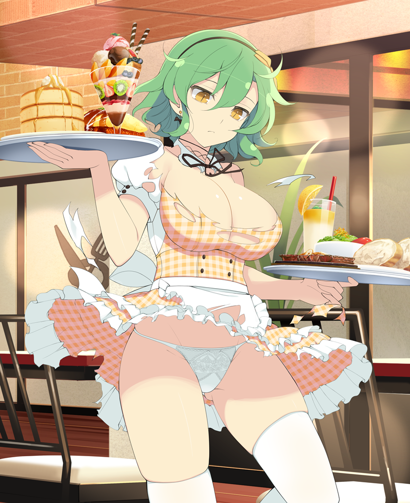 1girl, apron, ass, black_ribbon, blueberry, bread, bread_slice, breasts, brick_wall, butter, cake, card, chair, chocolate, cleavage, clothes_lift, cup, dessert, drink, drinking_straw, expressionless, food, fruit, gluteal_fold, green_hair, groin, hair_between_eyes, hairband, hikage_(senran_kagura), holding, holding_tray, ice_cream, kiwi_(fruit), kiwi_slice, large_breasts, lens_flare, mango, official_art, omelet, orange_(fruit), orange_slice, pancake, pancake_stack, panties, pantyshot, parfait, parfait_glass, puffy_short_sleeves, puffy_sleeves, ribbon, salad, senran_kagura, senran_kagura_new_wave, senran_kagura_shoujo-tachi_no_shin'ei, short_hair, short_sleeves, skindentation, skirt, skirt_lift, slit_pupils, smoothie, solo, souffle_pancake, standing, strawberry, syrup, table, thighhighs, torn_apron, torn_clothes, tray, underwear, wafer_stick, waitress, white_apron, white_panties, white_thighhighs, wind, wind_lift, yaegashi_nan, yellow_eyes