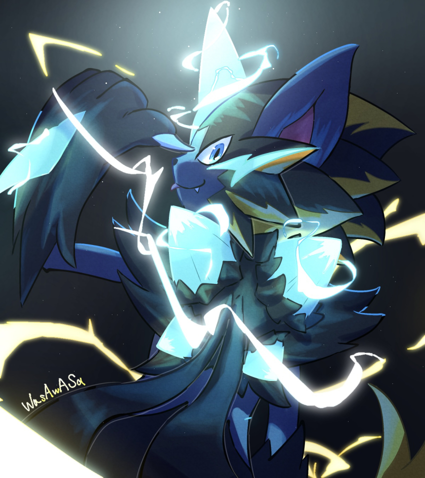 aqua_eyes, artist_name, claws, commentary_request, electricity, fang, from_behind, gen_7_pokemon