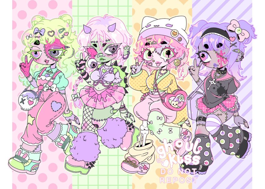 4girls, animal-shaped_clothes, animal_hat, arm_warmers, asymmetrical_legwear, backpack, bag, bandaid