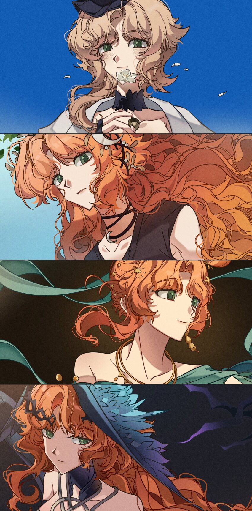 1girl, absurdres, bare_shoulders, black_hat, blonde_hair, blue_wings, commentary, crescent