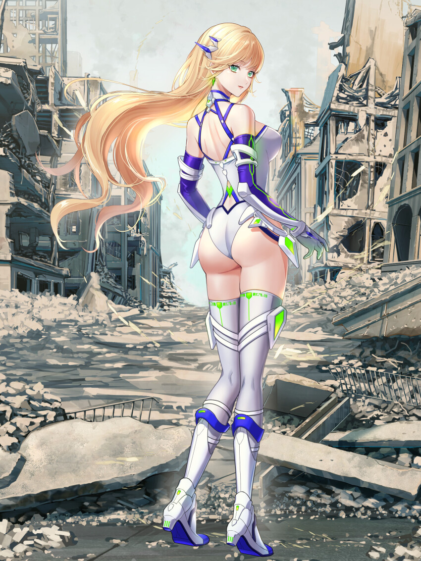 1girl, ass, back_cutout, blonde_hair, breasts, clothing_cutout, dairoku_ryouhei, day