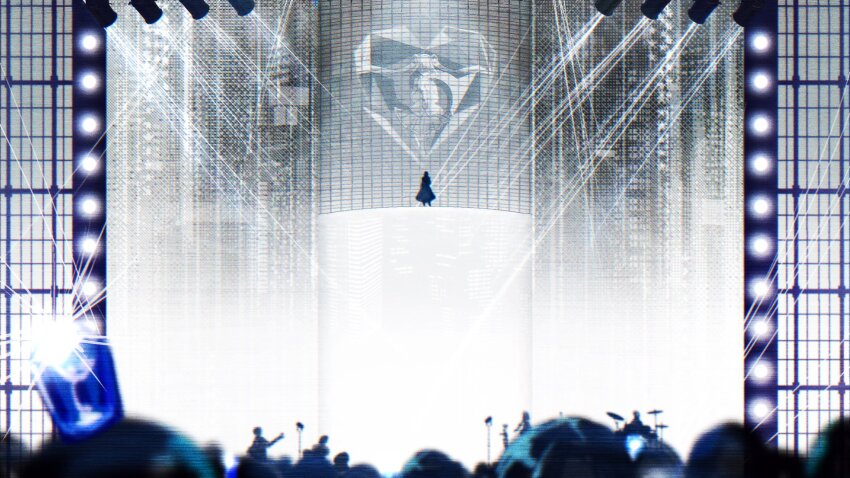 3boys, 4girls, ado_(utaite), ado_box, audience, chando_(ado), commentary, glowstick, hashtag-only_commentary, hatsune_miku, highres, multiple_boys, multiple_girls, oyashirazu_(adochan_daisuki), penlight_(glowstick), people, silhouette, stage_lights, unknown_mother_goose_(vocaloid), utaite, vocaloid, wide_shot, yodaka_(ado)