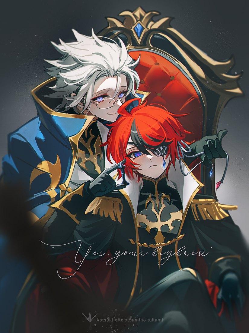 2boys, ahoge, alternate_costume, aotsuki_eito, black_coat, black_gloves, black_hair, black_pants