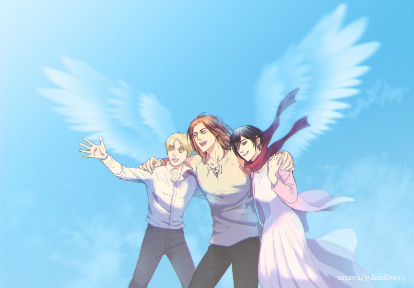 1girl, 2boys, absurdres, arm_around_shoulder, armin_arlert, black_hair, black_pants, blonde_hair