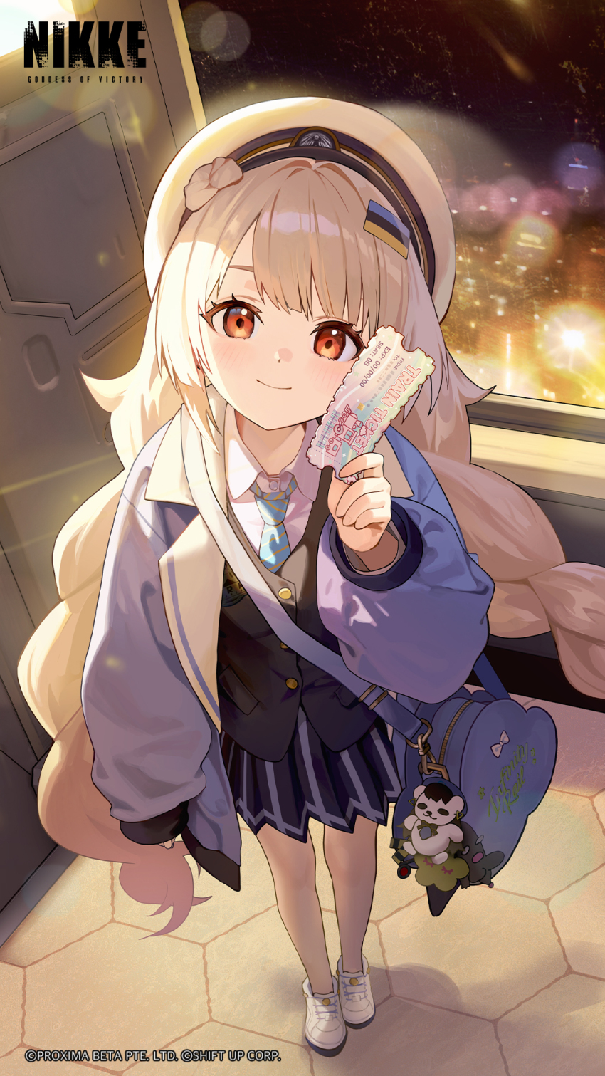 1girl, bag, black_skirt, black_vest, blue_bag, blue_jacket, blue_necktie, blue_shirt