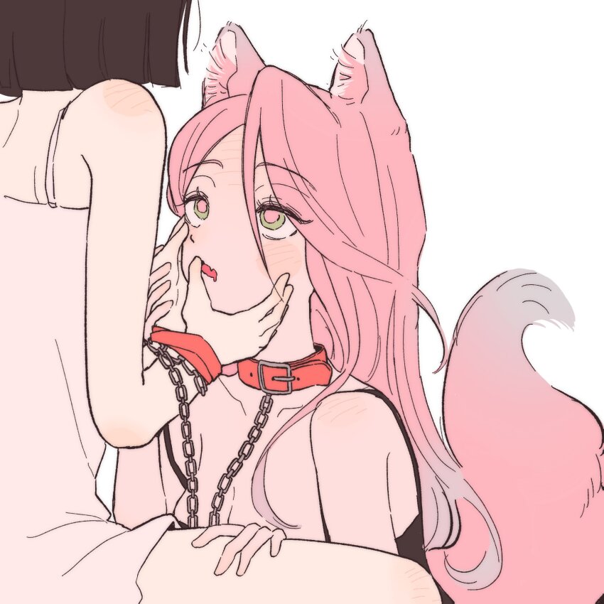 2girls, alien_stage, animal_ears, bare_arms, black_bra, black_hair, blush, bra, chain, chain_leash, coldmeow, collar, commentary, dog_ears, dog_girl, dog_tail, dress, english_commentary, finger_to_another's_mouth, green_eyes, hand_on_another's_thigh, hands_on_another's_face, highres, kemonomimi_mode, leash, long_hair, mizi_(alien_stage), multiple_girls, pink_hair, pink_pupils, short_hair, simple_background, sua_(alien_stage), tail, underwear, white_background, white_dress, yuri