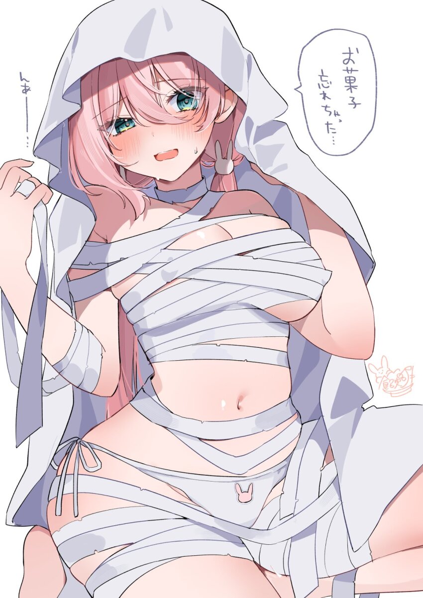 1girl, animal_print, anmi_ilust, aqua_eyes, bandages, blush, breasts, commentary_request