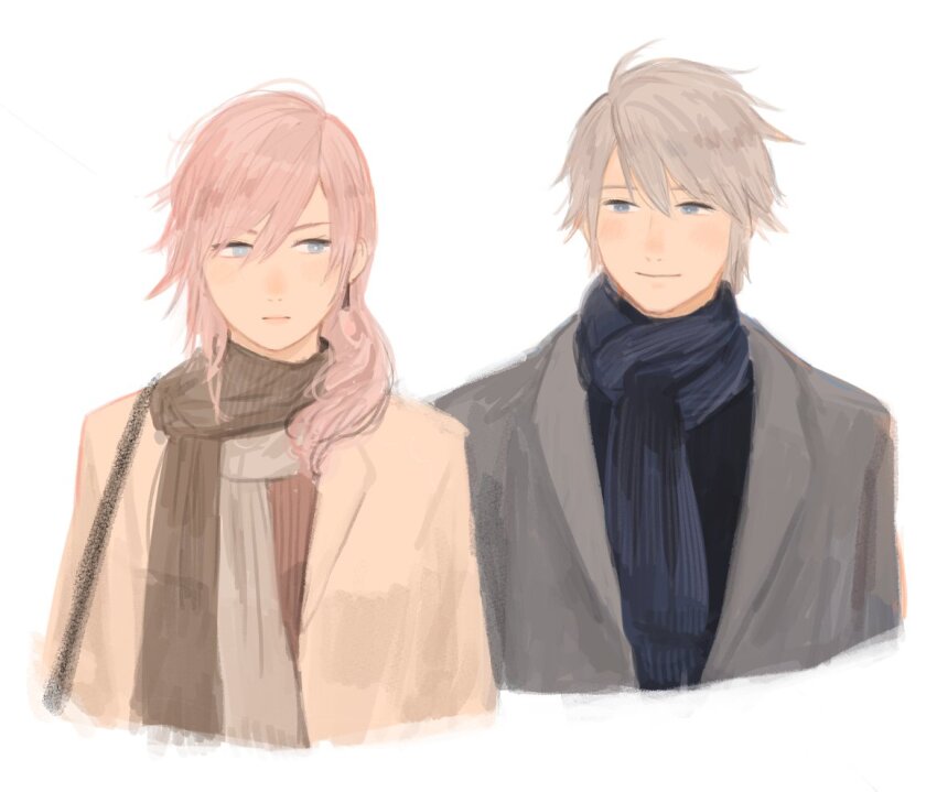 1boy, 1girl, alternate_costume, bag, blue_eyes, blue_scarf, brown_sweater, closed_mouth, commentary_request, contemporary, couple, cropped_torso, final_fantasy, final_fantasy_xiii, final_fantasy_xiii-2, grey_hair, grey_jacket, grey_scarf, hair_between_eyes, hair_over_shoulder, hetero, hope_estheim, j2_path, jacket, light_blush, light_smile, lightning_farron, lightning_returns:_final_fantasy_xiii, long_hair, looking_at_another, pink_hair, scarf, short_hair, shoulder_bag, sketch, sweater