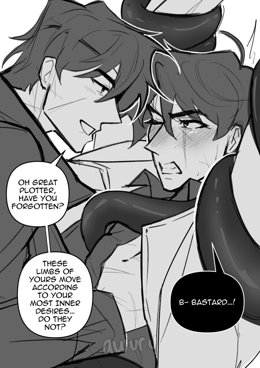 2boys, absurdres, areuwuu, black_hair, clenched_teeth, coat, collared_shirt, eyepatch