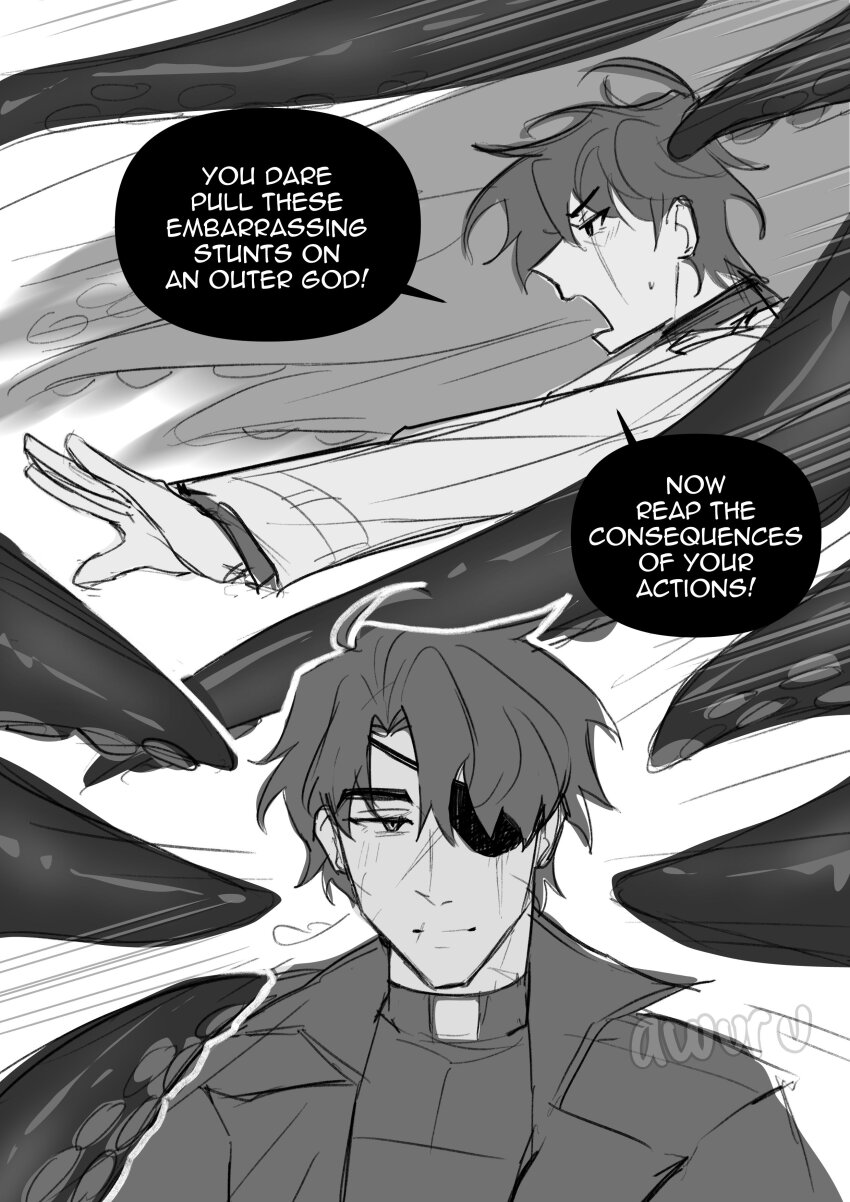 2boys, absurdres, areuwuu, black_hair, breath, coat, collared_shirt, eyepatch