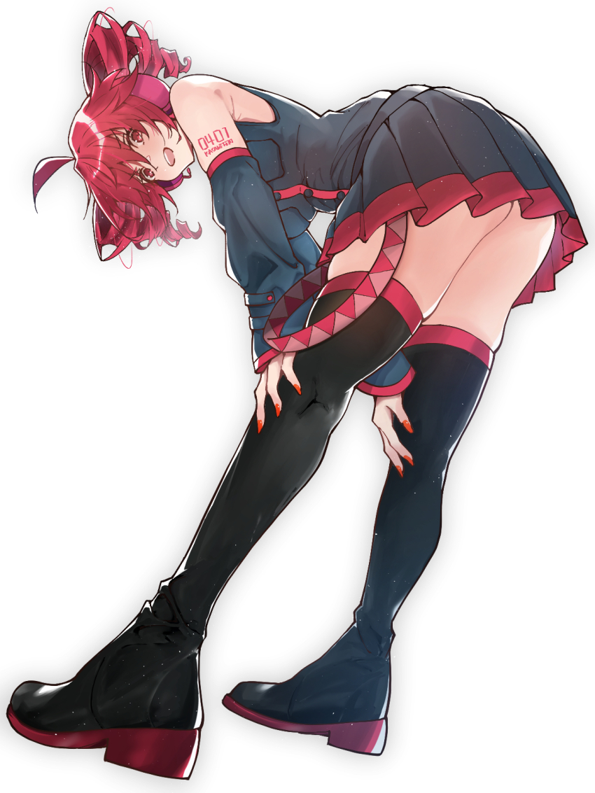 1girl, ahoge, arm_tattoo, bare_shoulders, bent_over, black_boots, black_shirt, black_skirt, black_sleeves, boots, bowing, breast_pocket, commentary, detached_sleeves, double-parted_bangs, drill_hair, fingernails, from_behind, from_below, full_body, hair_between_eyes, hands_on_own_knees, highres, kasane_teto, kasane_teto_(utau), looking_at_viewer, michihirogswr, miniskirt, nail_polish, number_tattoo, open_mouth, pleated_skirt, pocket, red_eyes, red_hair, red_nails, red_trim, shirt, shoulder_tattoo, simple_background, skirt, sleeveless, sleeveless_shirt, smile, solo, standing, tattoo, teeth, thigh_boots, thighhighs, twin_drills, underbutt, upper_teeth_only, utau, white_background, zettai_ryouiki