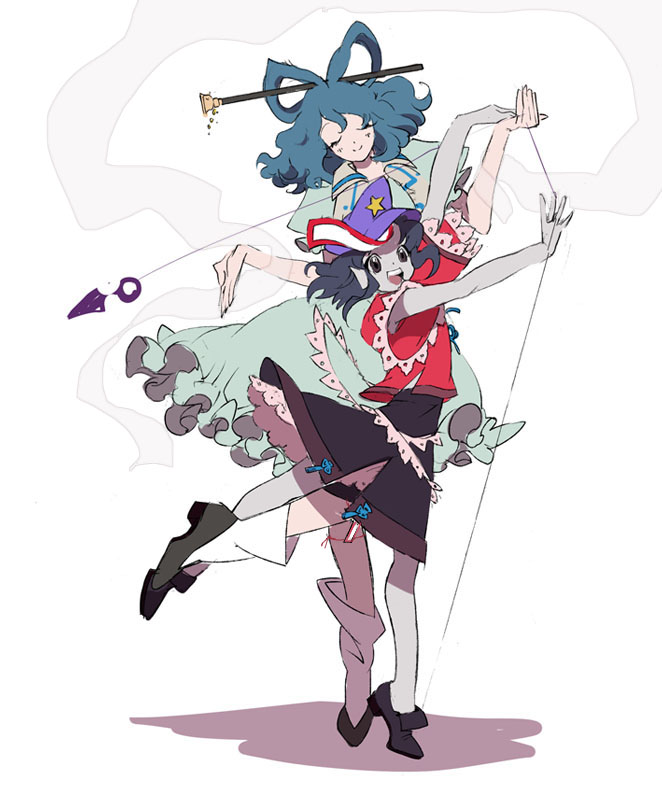 2girls, bad_id, bad_pixiv_id, beret, closed_eyes, dancing, female_focus, hair_ornament