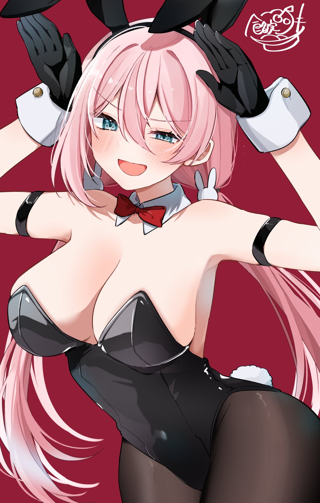 1girl, animal_ear_hairband, animal_ears, anmi_ilust, aqua_eyes, arm_strap, bare_shoulders, black_gloves
