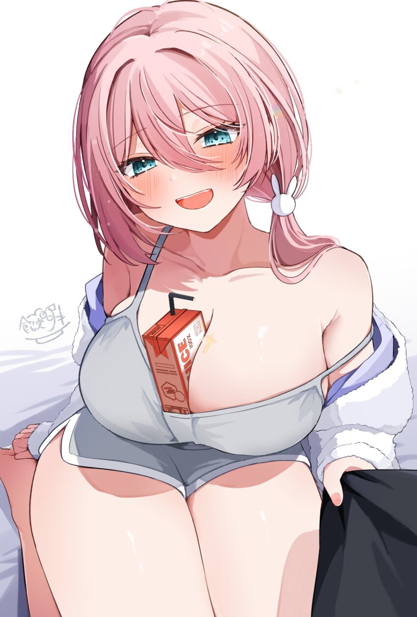 1girl, anmi_ilust, aqua_eyes, bare_shoulders, between_breasts, blush, breasts, cleavage, collarbone, commentary_request, dolphin_shorts, drink_carton, grey_shorts, hair_between_eyes, hair_ornament, highres, juice_box, kneeling, large_breasts, long_hair, looking_at_viewer, off_shoulder, open_mouth, original, pink_hair, rabbit_hair_ornament, short_shorts, shorts, smile, solo_focus, strap_slip, white_background