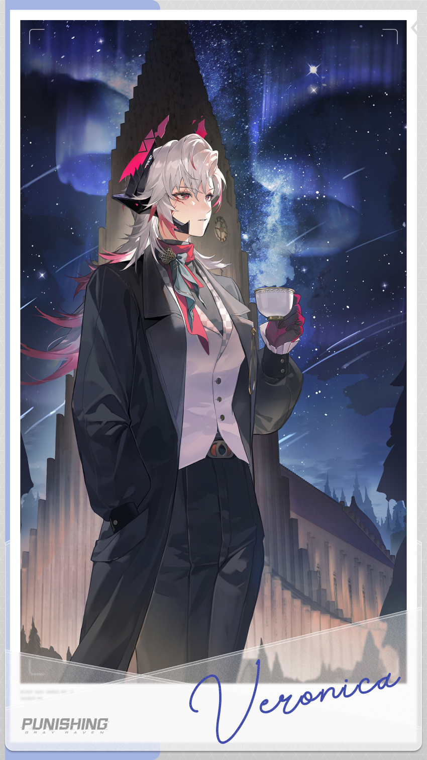 1girl, absurdres, aurora, belt_buckle, black_coat, black_pants, black_shirt, buckle, character_name, church, coat, commentary, copyright_name, cup, english_commentary, frilled_sleeves, frills, gloves, gradient_hair, hand_in_pocket, hand_up, headgear, highres, holding, holding_cup, long_hair, long_sleeves, looking_up, multicolored_hair, night, official_art, outdoors, pants, parted_lips, pine_tree, puffy_sleeves, punishing:_gray_raven, red_eyes, red_gloves, red_hair, red_streaks, scar, scar_on_face, shirt, shooting_star, sky, sleeve_cuffs, sleeves_past_wrists, solo, standing, star_(sky), starry_sky, streaked_hair, teacup, tree, turtleneck, turtleneck_shirt, veronica_(pgr), vest, viewfinder, white_hair, white_vest