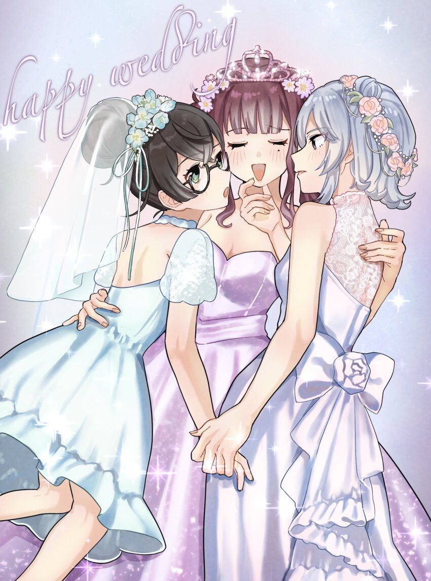 3girls, bare_arms, black_hair, blue_dress, blue_flower, blush, bridal_veil, bride, cevio, closed_eyes, commentary_request, dress, english_text, female_focus, flower, glasses, green_eyes, grey_hair, hair_bun, hair_flower, hair_ornament, hanakuma_chifuyu, hand_on_another's_chin, hand_on_another's_waist, happy_wedding, highres, holding_hands, kaninoto, koharu_rikka, mole, mole_under_eye, multiple_girls, natsuki_karin, open_mouth, pink_dress, pink_flower, polygamy, see-through_clothes, see-through_veil, short_hair, smile, tiara, veil, wedding_dress, white_dress, wife_and_wife_and_wife, yuri