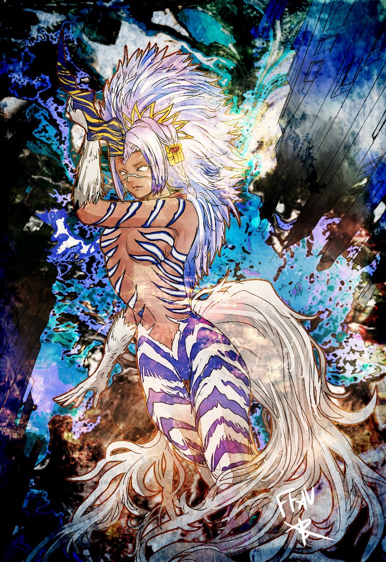 1girl, big_hair, blue_hair, body_fur, braid, breasts, commentary_request, copyright_name