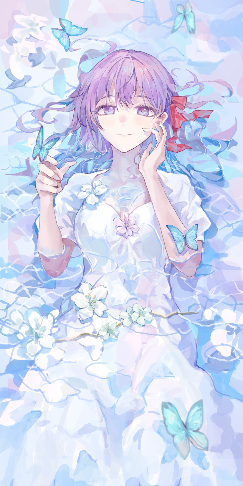 1girl, absurdres, afloat, blacky1266859, branch, breasts, bug, butterfly, butterfly_on_hand, cowboy_shot, dress, fate/stay_night, fate_(series), flower, flower_on_chest, flower_on_leg, flower_on_shoulder, from_above, hair_ribbon, hand_up, hashtag-only_commentary, highres, insect, long_hair, looking_at_viewer, lying, matou_sakura, on_back, partially_submerged, purple_eyes, purple_hair, red_ribbon, ribbon, ripples, shirt, short_sleeves, smile, solo, water, white_dress, white_shirt