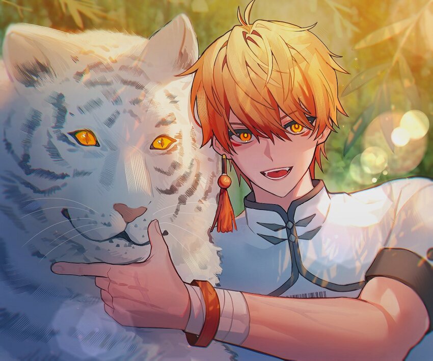 1boy, ahoge, bandaged_wrist, bandages, chinese_clothes, collared_shirt, commentary, earrings