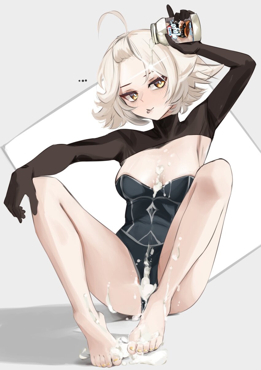 absurdres, ahoge, armor, armpit_crease, armpits, arms_up, between_breasts, breasts, food_on_body, food_on_breasts, food_on_crotch, food_on_legs, forehead, highres, indie_virtual_youtuber, leotard, matoi_miia, mayonnaise, medium_breasts, pupi_(rain_prophet), shrug_(clothing), tagme, tongue, tongue_out, virtual_youtuber, white_hair, yellow_eyes