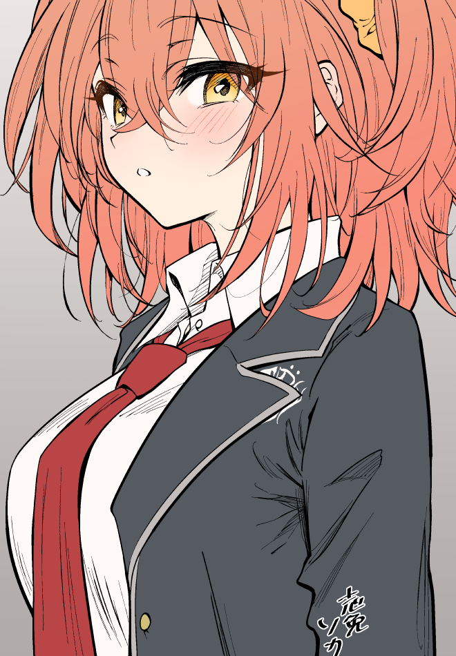 1girl, black_jacket, blazer, blush, breasts, commentary_request, crossed_bangs, dress_shirt
