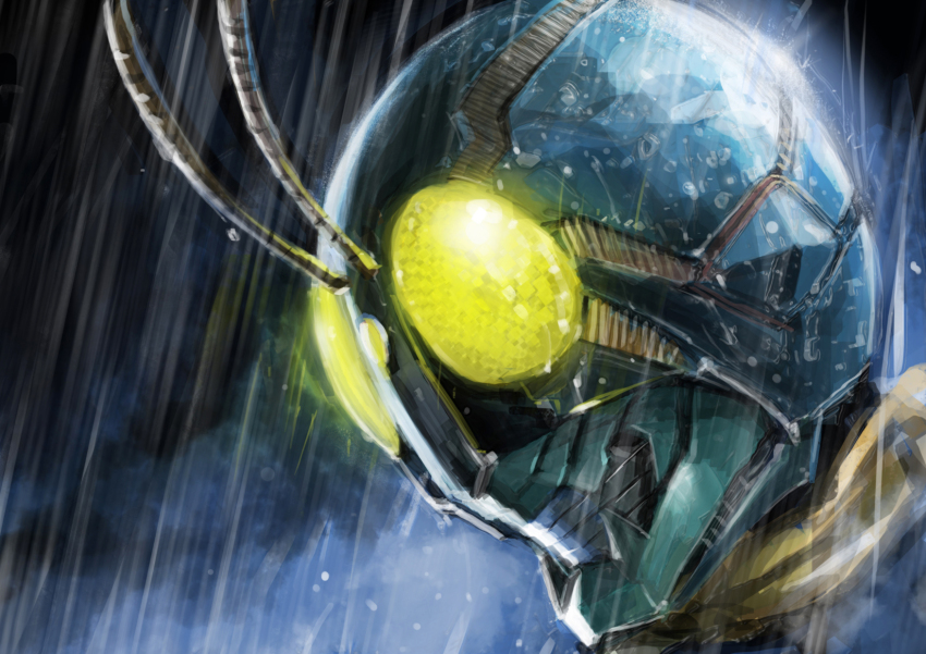 1boy, antennae, bug, close-up, commentary_request, cyborg, grasshopper, helmet
