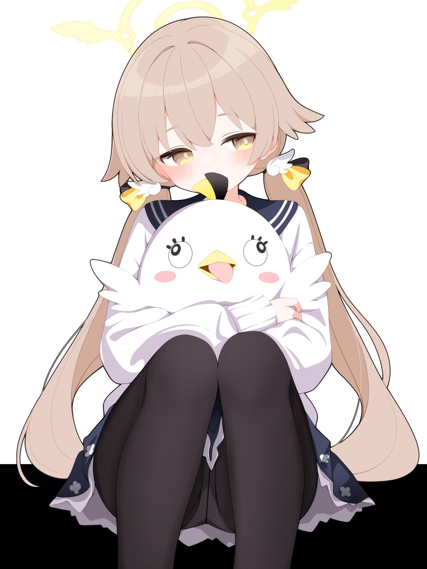 1girl, absurdres, acalephea, black_pantyhose, black_ribbon, blue_archive, blush, brown_hair