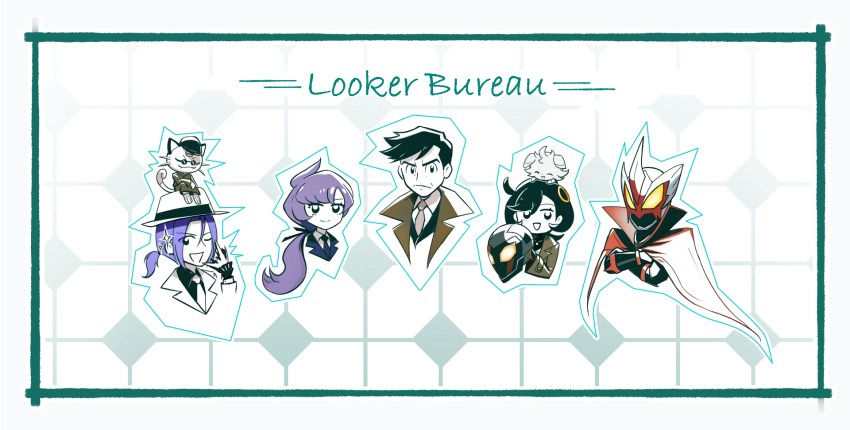 2girls, 3boys, anabel_(pokemon), black_ribbon, blaziken_mask, blue_hair, border, bright_pupils, cape, closed_mouth, clothed_pokemon, collared_shirt, emma_(pokemon), espurr, gen_1_pokemon, gen_6_pokemon, hair_ribbon, hat, helmet, highres, holding, holding_unworn_helmet, jacket, james_(pokemon), jcstr, looker_(pokemon), looking_at_viewer, meowth, mixed-language_commentary, multiple_boys, multiple_girls, necktie, nintendo, on_head, pokemon, pokemon_(anime), pokemon_(creature), pokemon_legends:_z-a, pokemon_on_head, pokemon_sun_and_moon, pokemon_the_series:_xy, ponytail, purple_hair, ribbon, ring_hair_ornament, shirt, short_ponytail, smile, unworn_headwear, unworn_helmet, white_border