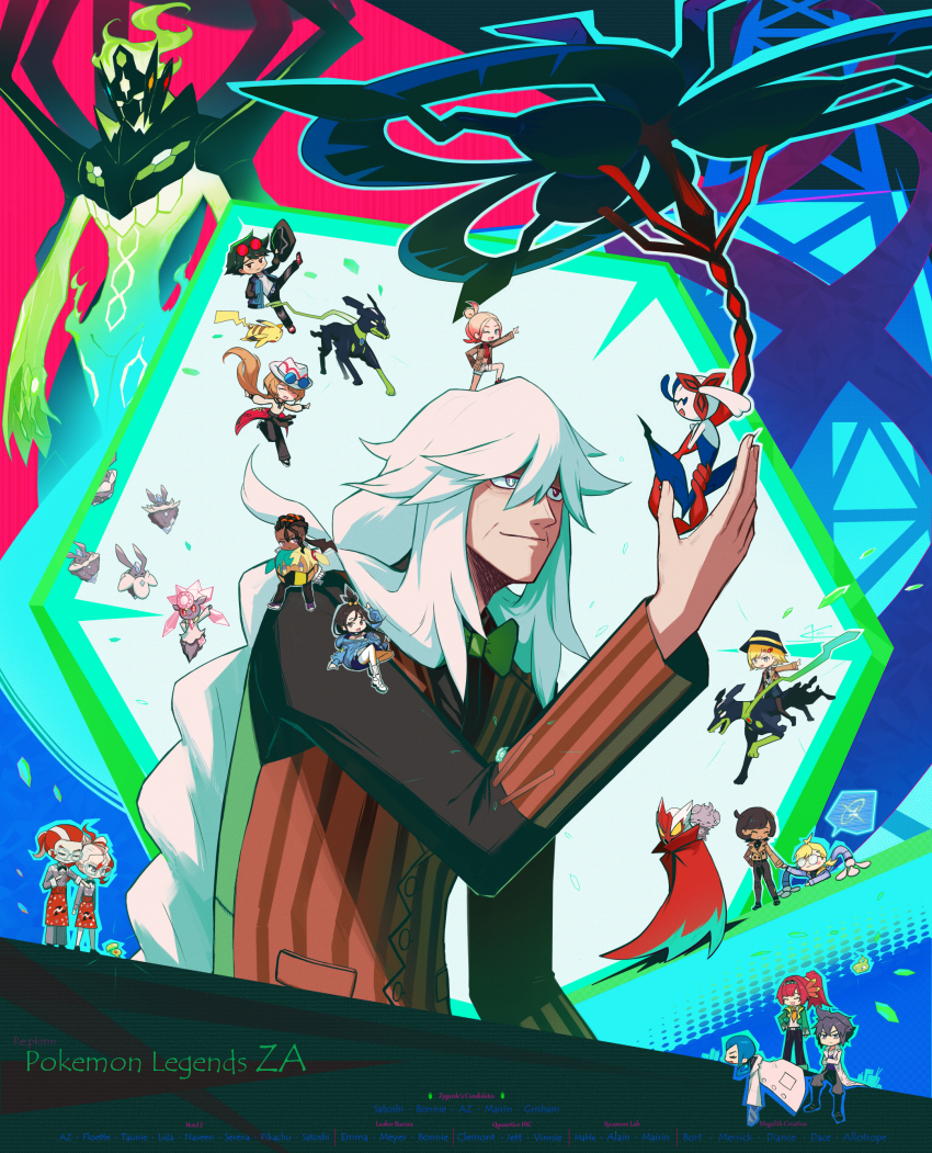 6+boys, 6+girls, absurdres, alain_(pokemon), ash_ketchum, az_(pokemon), blaziken_mask, bow, bowtie, bright_pupils, brown_vest, canari_plush_(pokemon), carbink, clemont_(pokemon), closed_mouth, copyright_name, diancie, emma_(pokemon), floette, floette_(eternal), gen_1_pokemon, gen_6_pokemon, green_bow, green_bowtie, griselle_(pokemon), grisham_(pokemon), hair_between_eyes, hand_up, highres, jcstr, legendary_pokemon, lida_(pokemon), long_hair, long_sleeves, mable_(pokemon), mairin_(pokemon), mixed-language_commentary, multiple_boys, multiple_girls, mythical_pokemon, naveen_(pokemon), nintendo, pikachu, pokemon, pokemon_(anime), pokemon_(creature), pokemon_legends:_z-a, pokemon_the_series:_xy, serena_(pokemon), shirt, smile, stitches, taunie_(pokemon), vest, white_hair, white_pupils, zygarde, zygarde_(10), zygarde_(complete), zygarde_cell