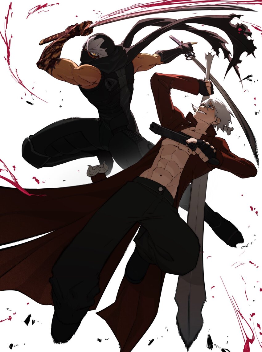 belt_bra, black_scarf, coat, commentary, crossover, dante_(devil_may_cry), devil_may_cry, devil_may_cry_(series), devil_may_cry_3, dragon_sword, ebony_&amp;_ivory, english_commentary, fingerless_gloves, gloves, highres, holding, holding_sword, holding_weapon, katana, male_focus, mask, masked, mouth_mask, multiple_boys, muscular, ninja, ninja_gaiden, ninja_mask, omegaa_7, rebellion_(sword), red_coat, ryu_hayabusa, scarf, sword, weapon, white_hair