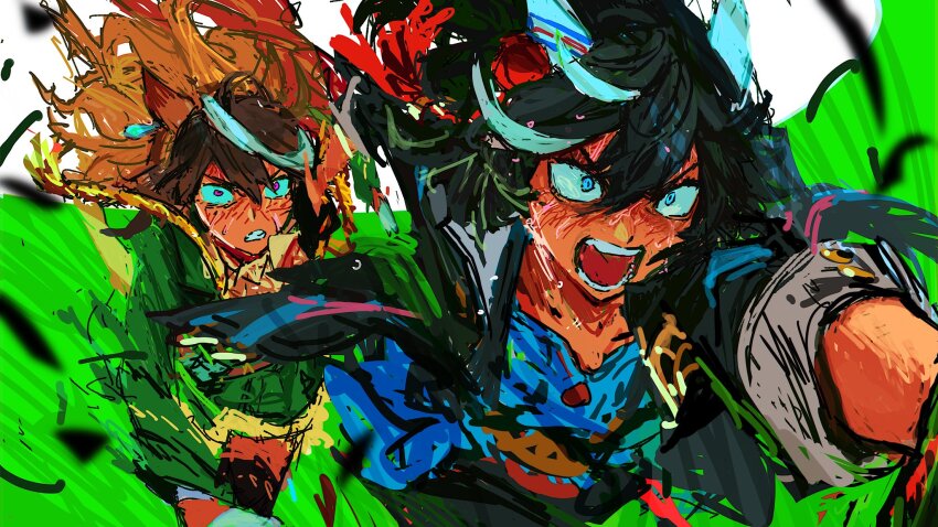 2girls, animal_ears, ascot, belt, black_hair, black_jacket, black_pants, black_thighhighs