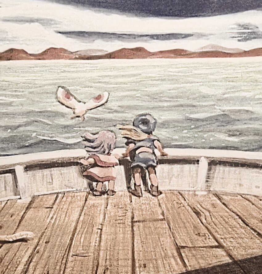 1boy, 1girl, boat, cloud, dress, from_behind, full_body, grandia, grandia_i, hat, highres, justin_(grandia), koichi_noda, long_hair, mountain, ocean, orange_hair, purple_hair, puui_(grandia), sue_(grandia), watercraft