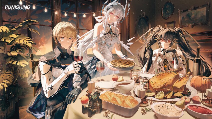 1boy, 2girls, absurdres, apple, arm_rest, baking_sheet, black_capelet, black_hair