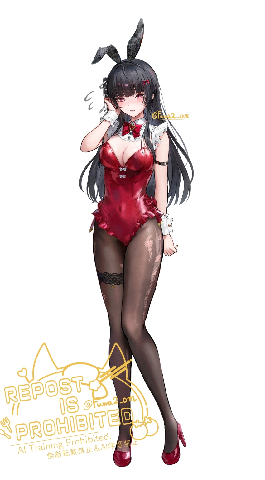 1girl, absurdres, adversarial_noise, alternate_breast_size_(larger), alternate_costume, animal_ears, arm_strap, black_hair